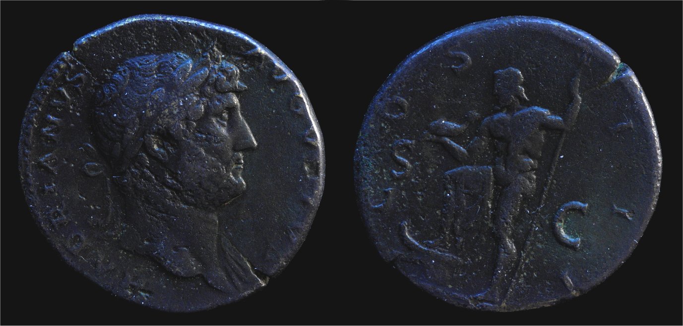 Hadrian AE Sestertius Neptune standing left holding dolphin RIC 634.jpg