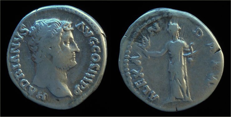 Hadrian AR Denarius Alexandria standing left holding sistrum and snake in basket RIC 300.jpg