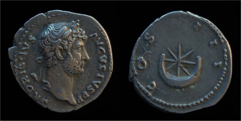 Hadrian AR Denarius Star above within cresent RIC 355.jpg