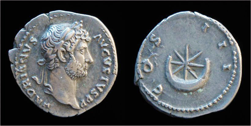 Hadrian AR Denarius Star above within cresent RIC 355.jpg