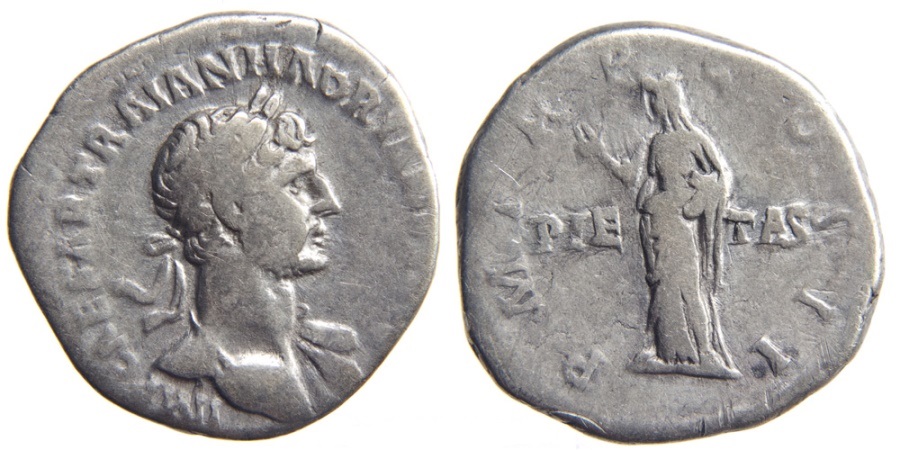 Hadrian P M TR P COS II PIETAS denarius.jpg