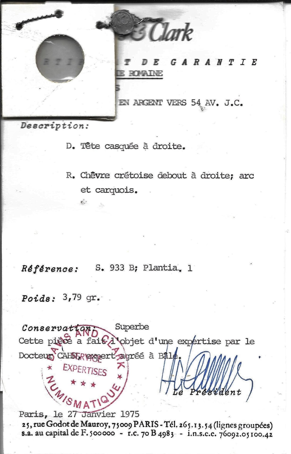 Head of Macedonia-Cretan goat den. - Jan 1975 Davis & Clark, Paris certificat do garantie.jpg
