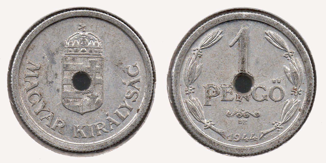 Hungary - 1 Pengo - 1944 - Holed.jpg