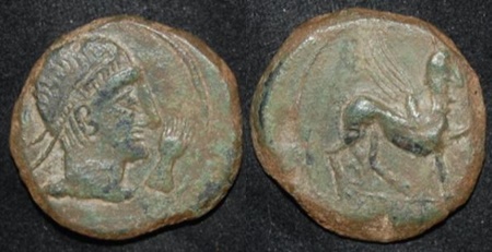 Iberia Castulo Late 2nd C BC AE As 25mm Bust Nose Hand Sphinx O-R.jpg