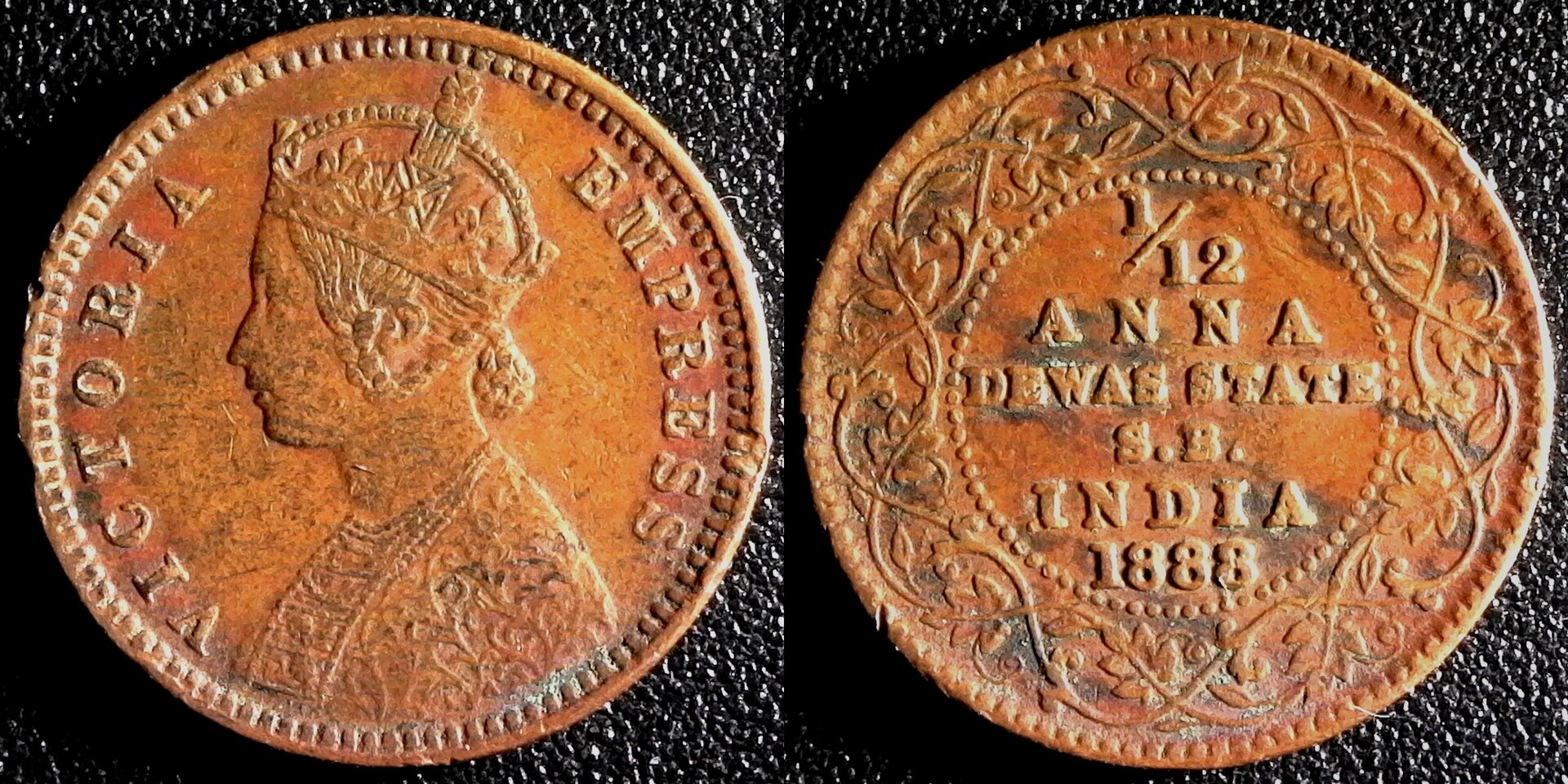 India Dewas State One Twelfth Anna 1888 obv a-side.jpg