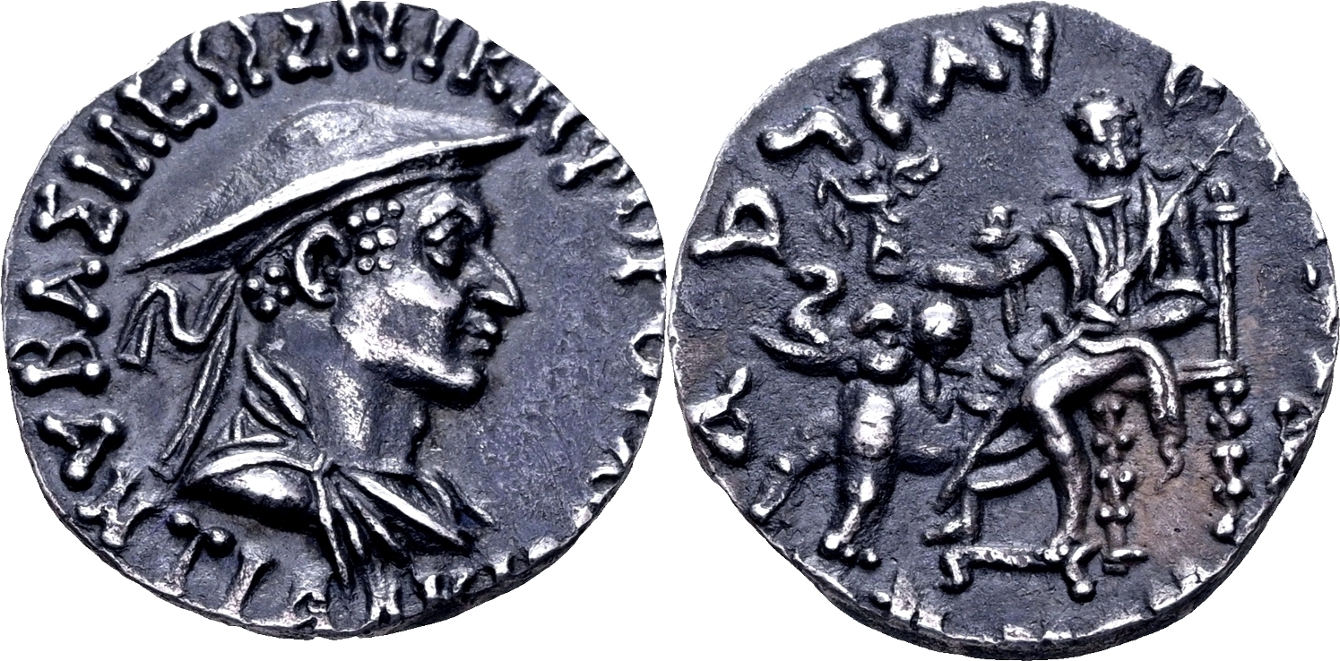 Indo-Greek Silver Drachm of Antialkidas Nikephoros (minted sometime between 130 and 120 BCE).jpg