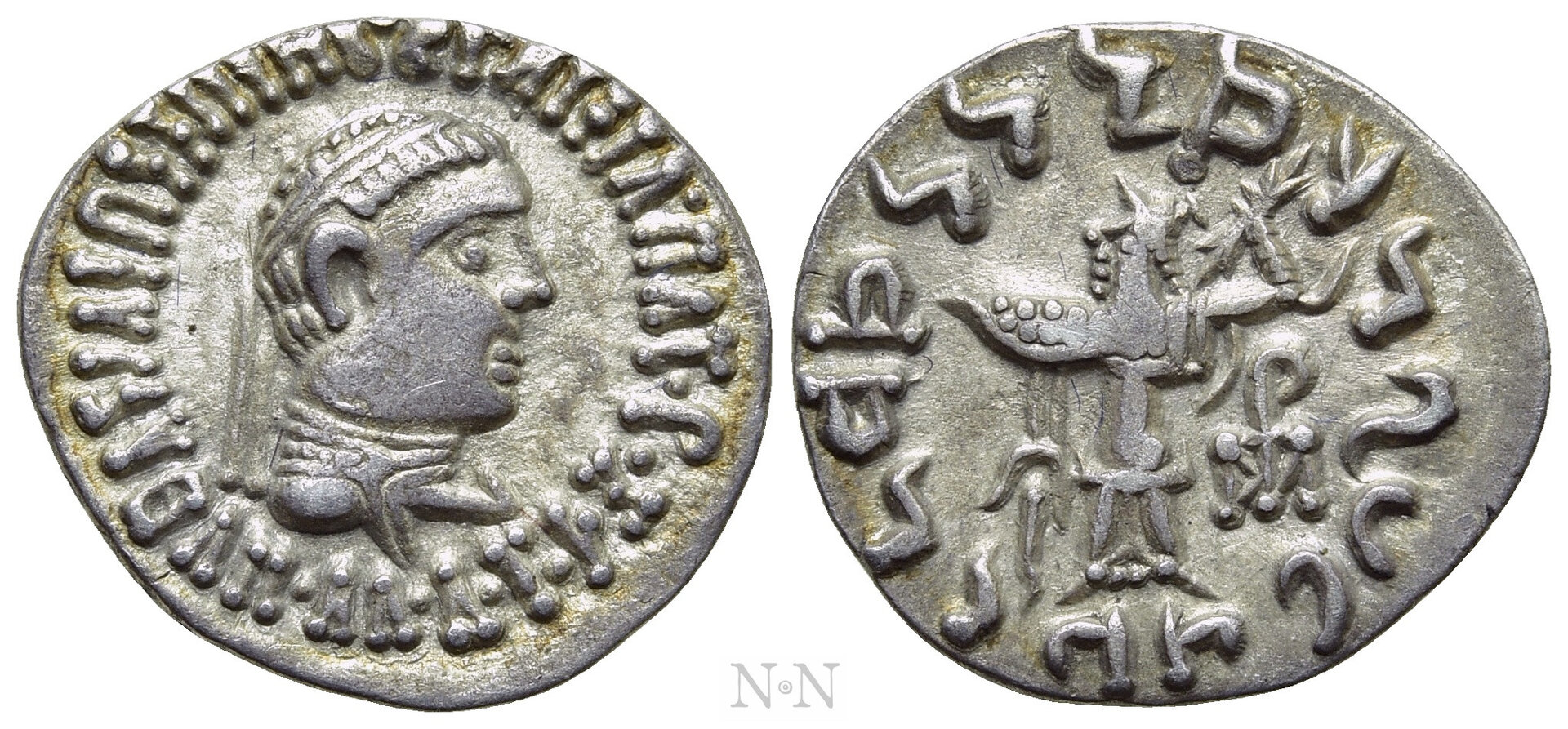 Indo-Greek Silver Drachm of Apollodotus II (minted sometime between 85 and 65 BCE).jpg