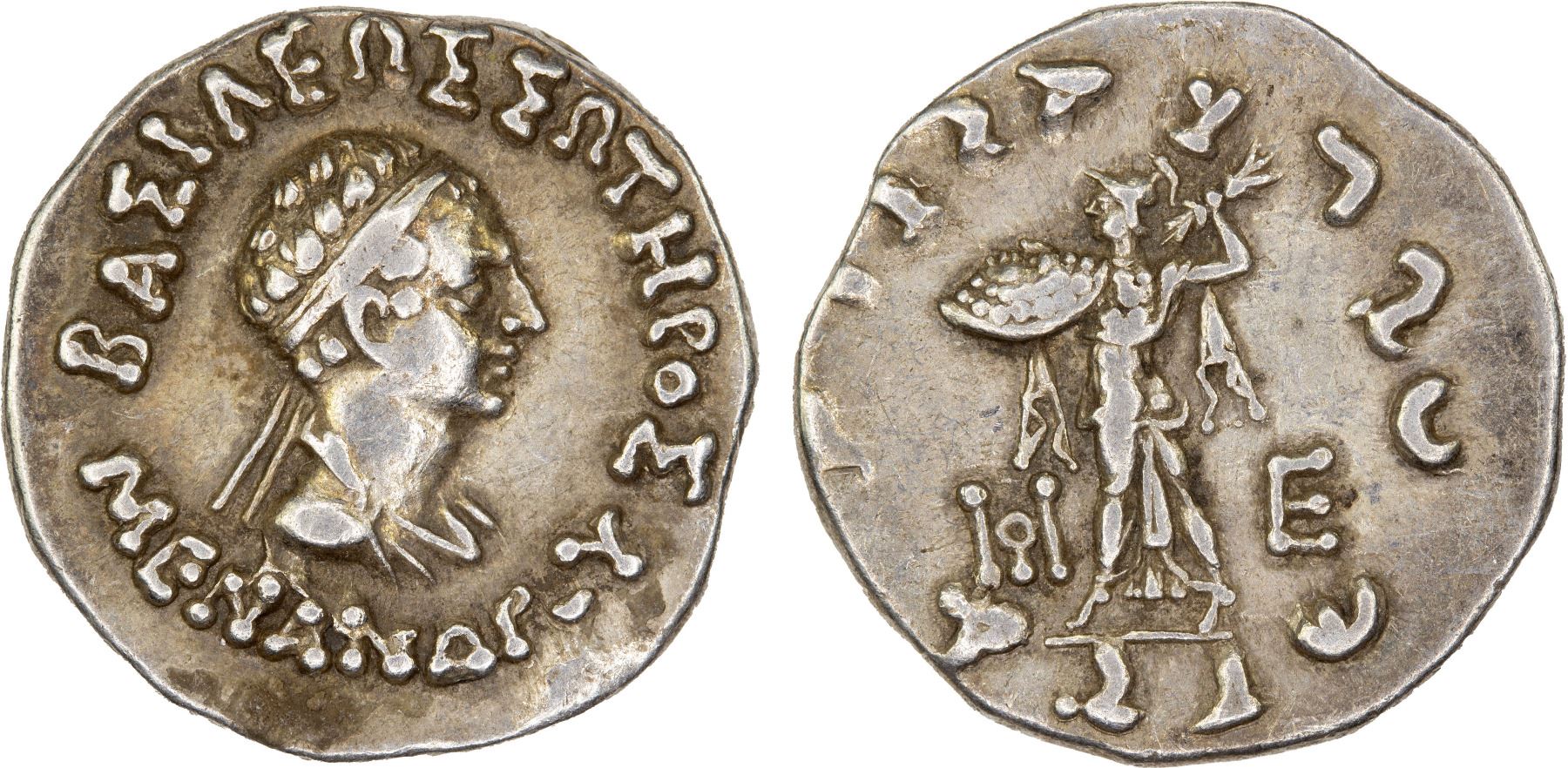 Indo-Greek Silver Drachm of Menander I Soter (minted sometime between 155 and 130 BCE).jpg