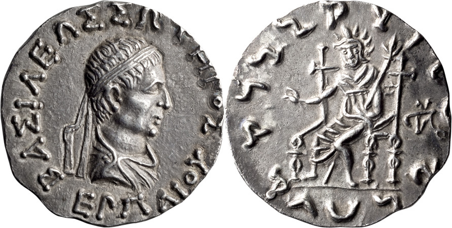 Indo-Greek Silver Tetradrachm of Hermaios Soter (minted sometime between 90 and 70 BCE).jpg