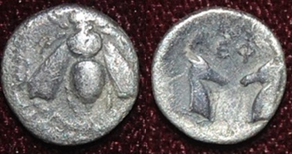 Iona-Ephesos AR Obol Bee - opposing stag heads 340 BCE Seaby.jpg