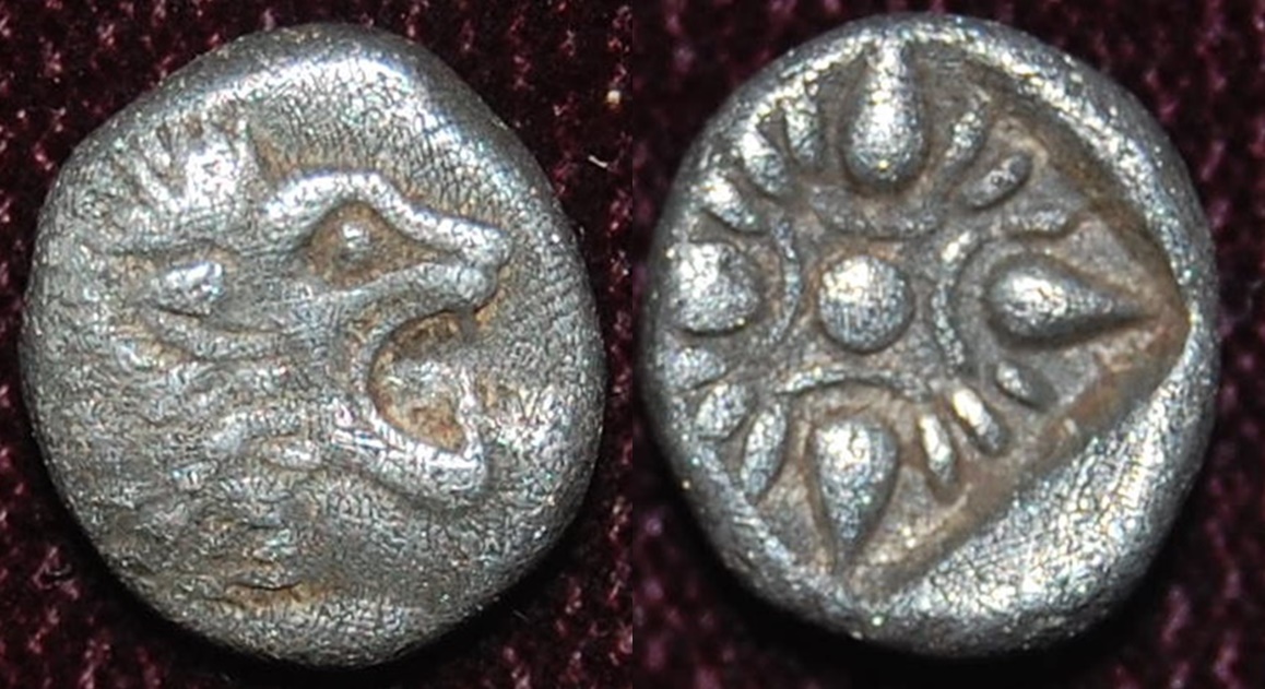 Iona-Miletos AR Obol Late6thC crystallized lion laying LEFT facing RIGHT.jpg