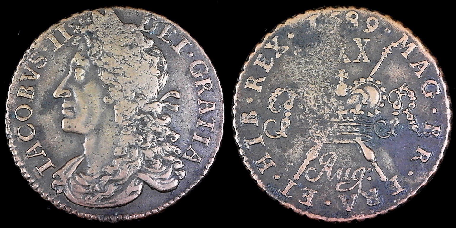 Ireland 30 Pence gun money Aug 1689 obv-side.jpg