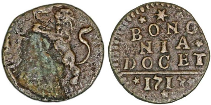 Italian Papal States. Bologna. Pope Clement XI (1700-1721). AE Quattrinino 1713.jpg