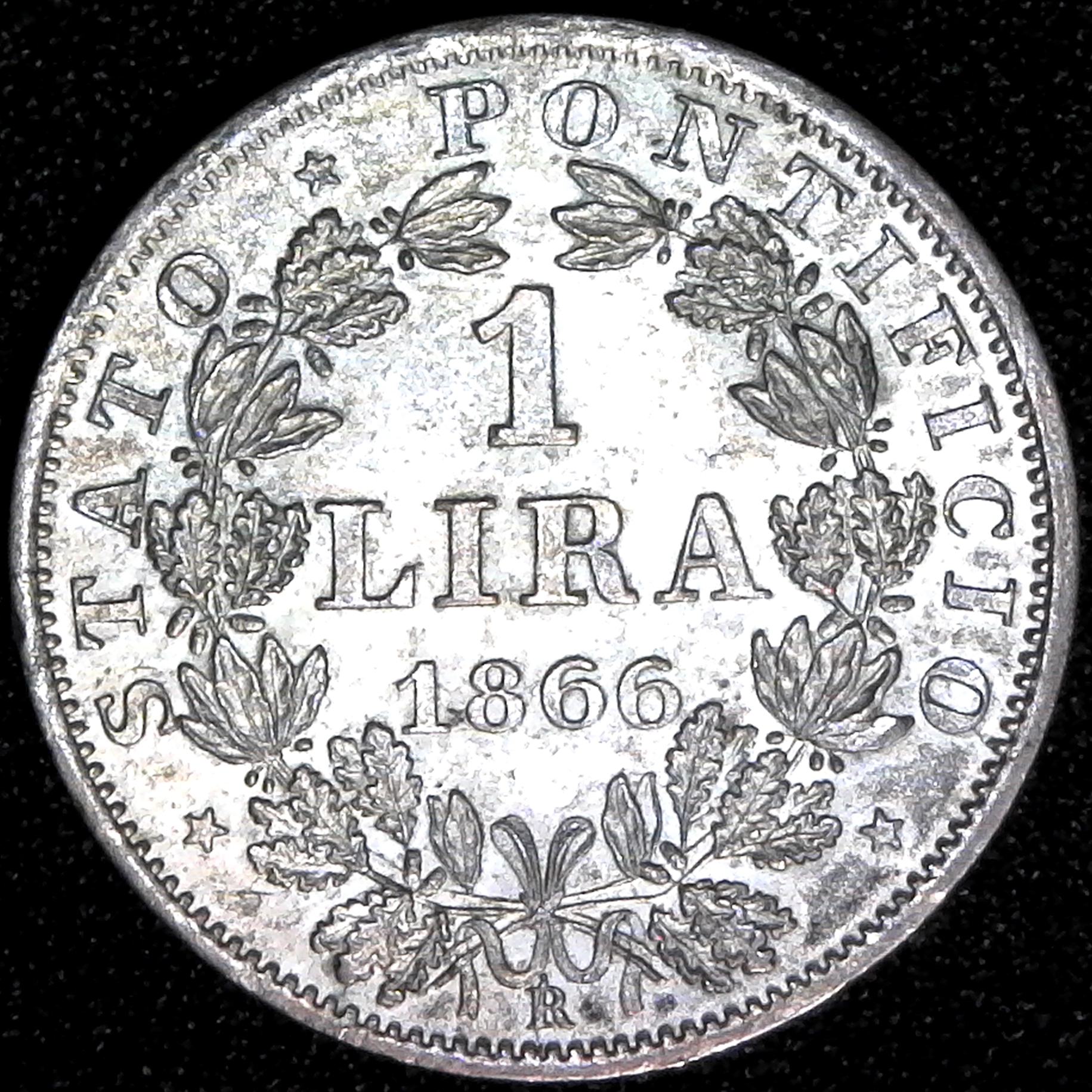 Italy Papal States 1 lira 1866 rev.jpg