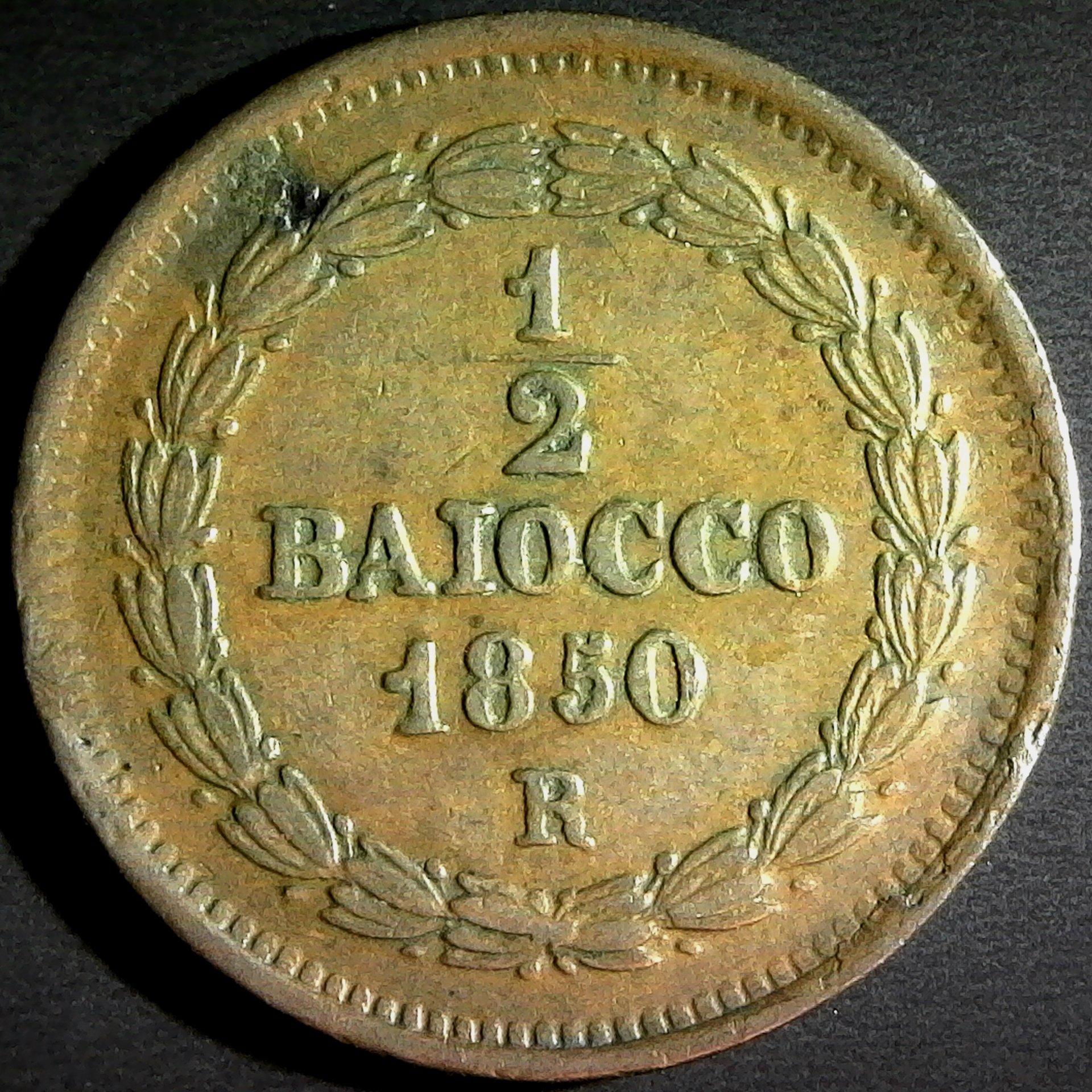 Italy Papal States Mezzo Half  Baiocco 1850 VR KM#1355 rev.jpg