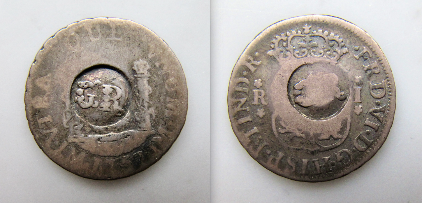 Jamaica 6 Pence on Peru 1 real 1753 - GR counterstamp - OBV:REV - GP - 2016 - 2023.png