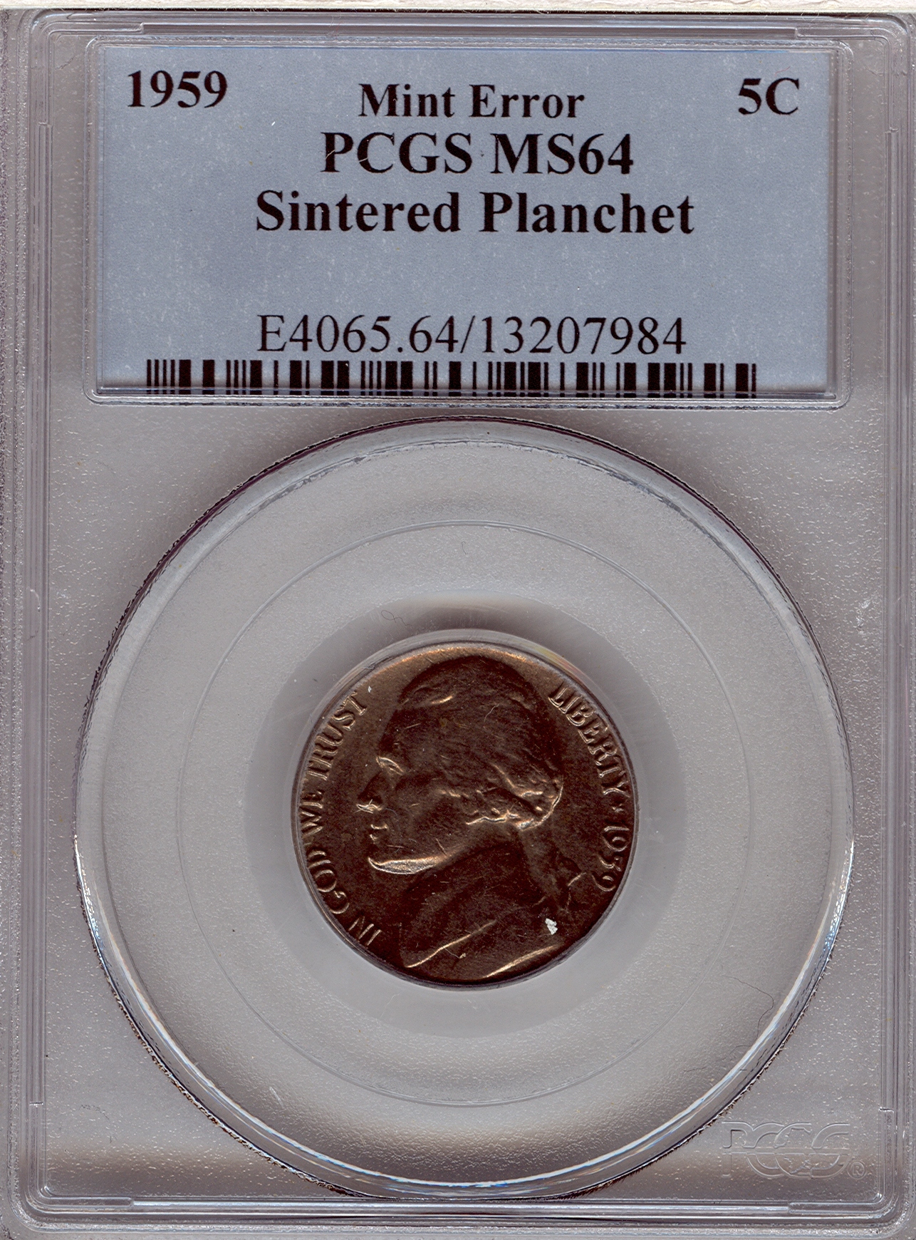 Jefferson 1959 Black Beauty Sintered Planchet 13207984 PCGS MS64 Slab Obv.jpg