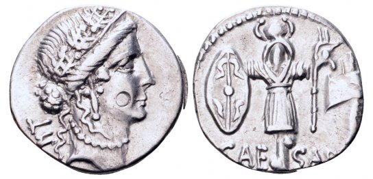 Julius Caesar Denarius (Military Mint) Gallic arms.jpg
