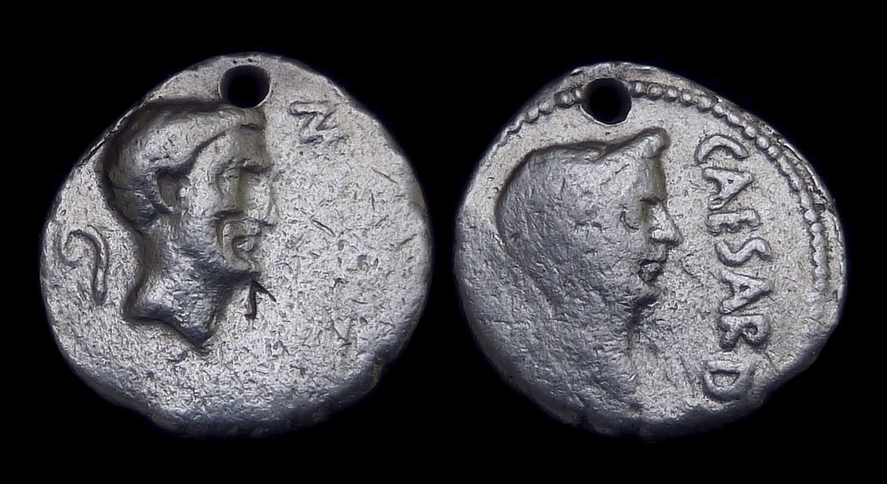 Julius Caesar w Mark Antony - Holed Denarius busts 3261.jpg