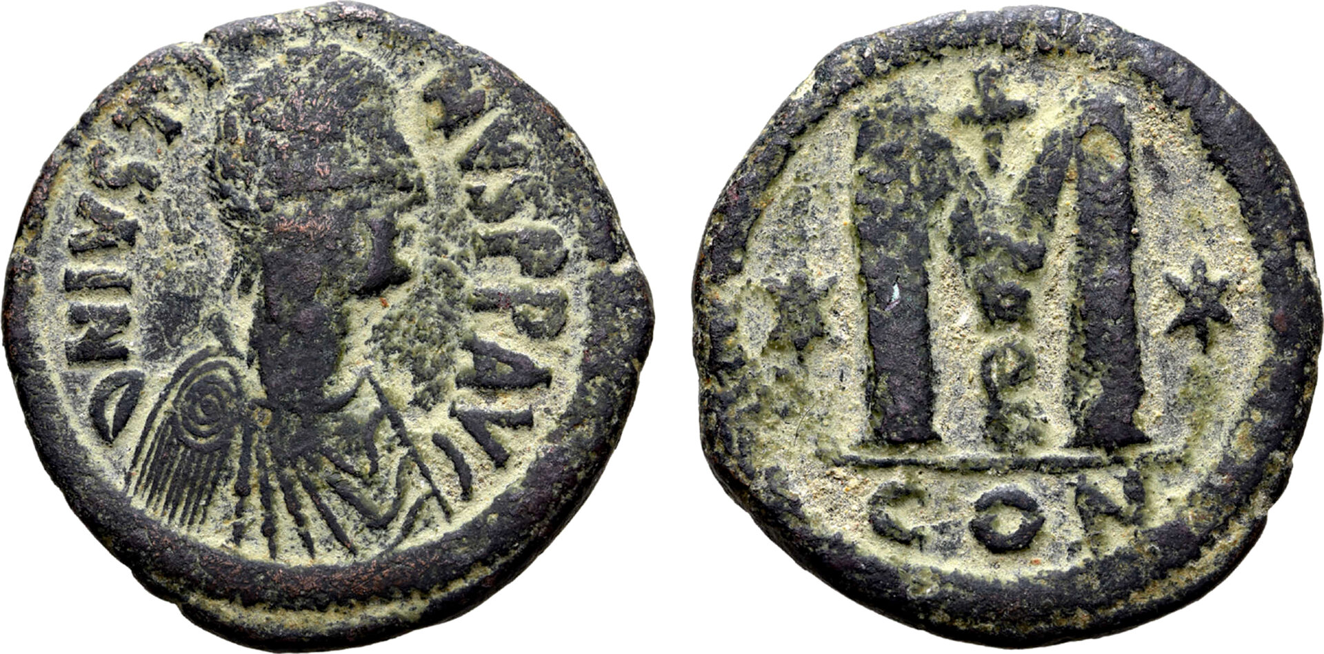 Justin I Æ 40 Nummi. Constantinople, AD 518-527 15.58g Roma 92 2-5-22.jpg