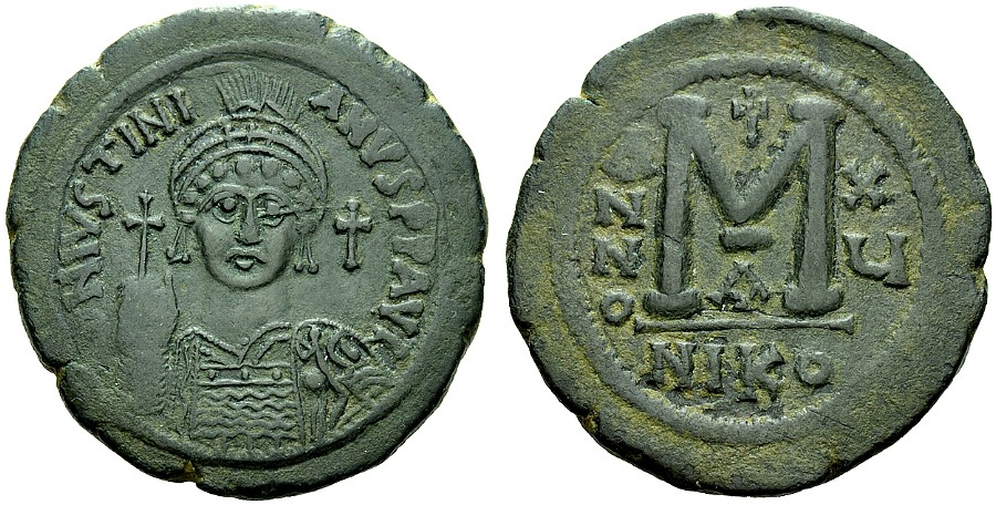 Justinian Follis Nicomedia Follis NIKO XV RY 15 Ex Leu NAC and Münzen Medaillen GmbH.jpg