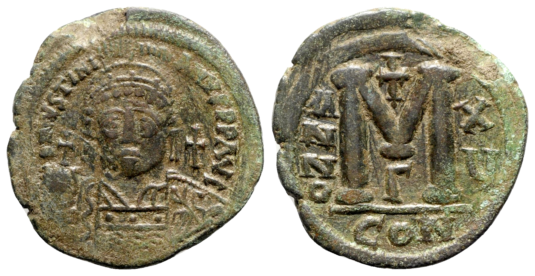 Justinian I - 527-565 - AE 40 nummia - 38mm, 20.73g, 6h, CON Yr 15 A Sear 163 aVF green.jpg