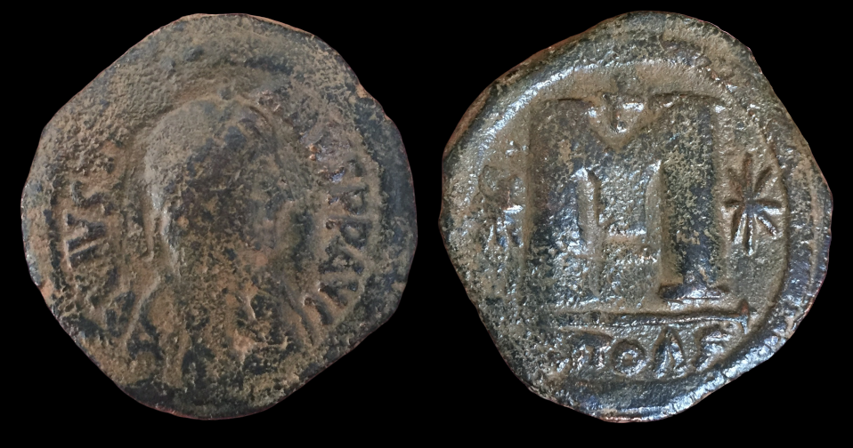 Justinian I, Follis Antioch, Greek Mintmark.png