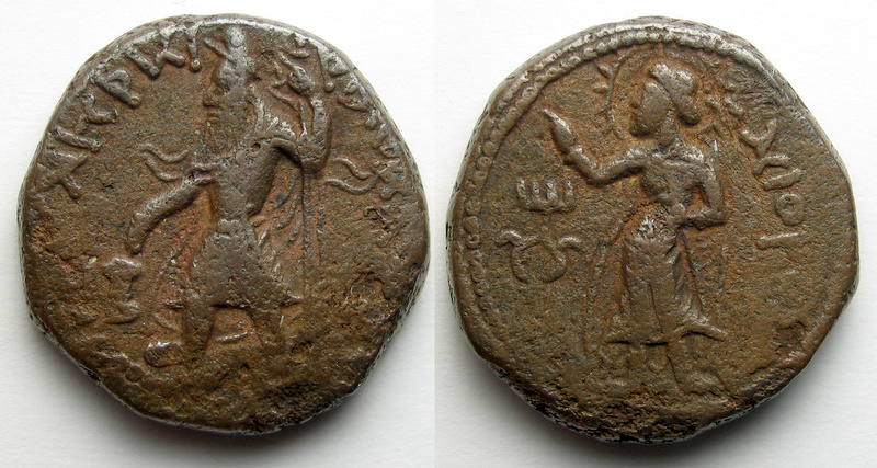 Kanishka I Bactrian tetradrachm Mithra 128-150AD MIOPO = mithro 26mm 16.9g - orig.jpg