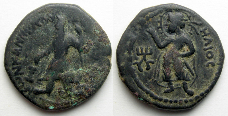 Kanishka I Greek didrachm Helios 127AD H^IOC = helios 22mm 8.4g - orig.jpg