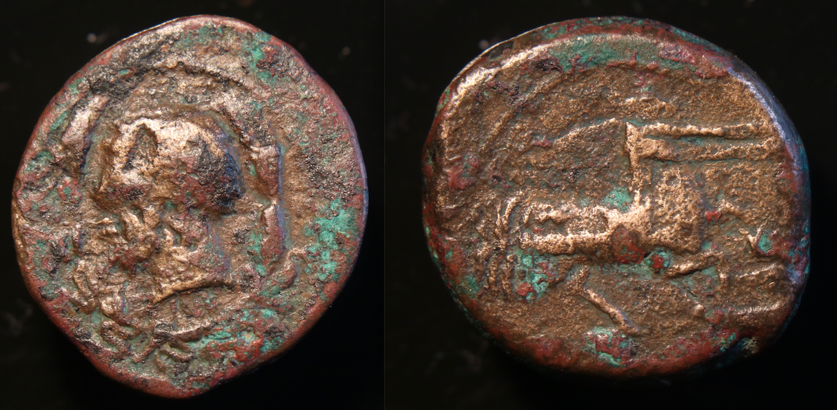 Karthago – AE17, Male head and horse, overstrike.png