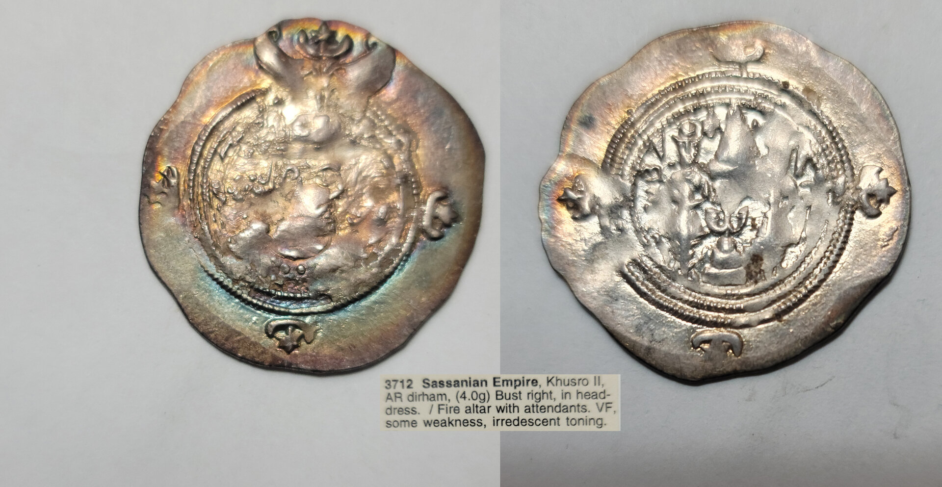 Khrusro II - 591-628 - AR Drachm, 4.0g weakness, irredescent toning - WEB.jpg