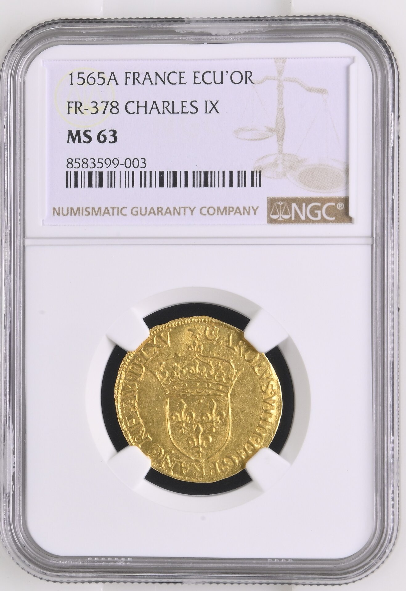 Kingdom of France Gold Ecu d'or au soleil of Charles IX (minted in Paris in 1565) - Obverse NGC.jpg