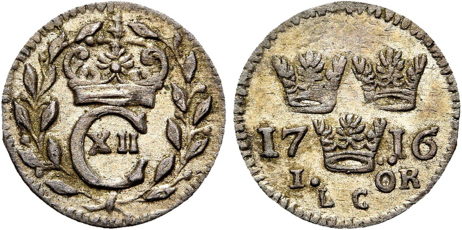 Kingdom of Sweden Silver 1 Ore of Carl XII (minted in Stockholm in 1716).jpg