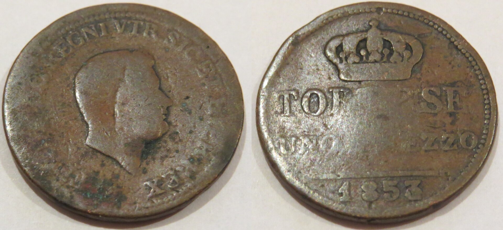 Kingdom of the 2 Sicilies, 1 1:2 Tornese 1853.jpg