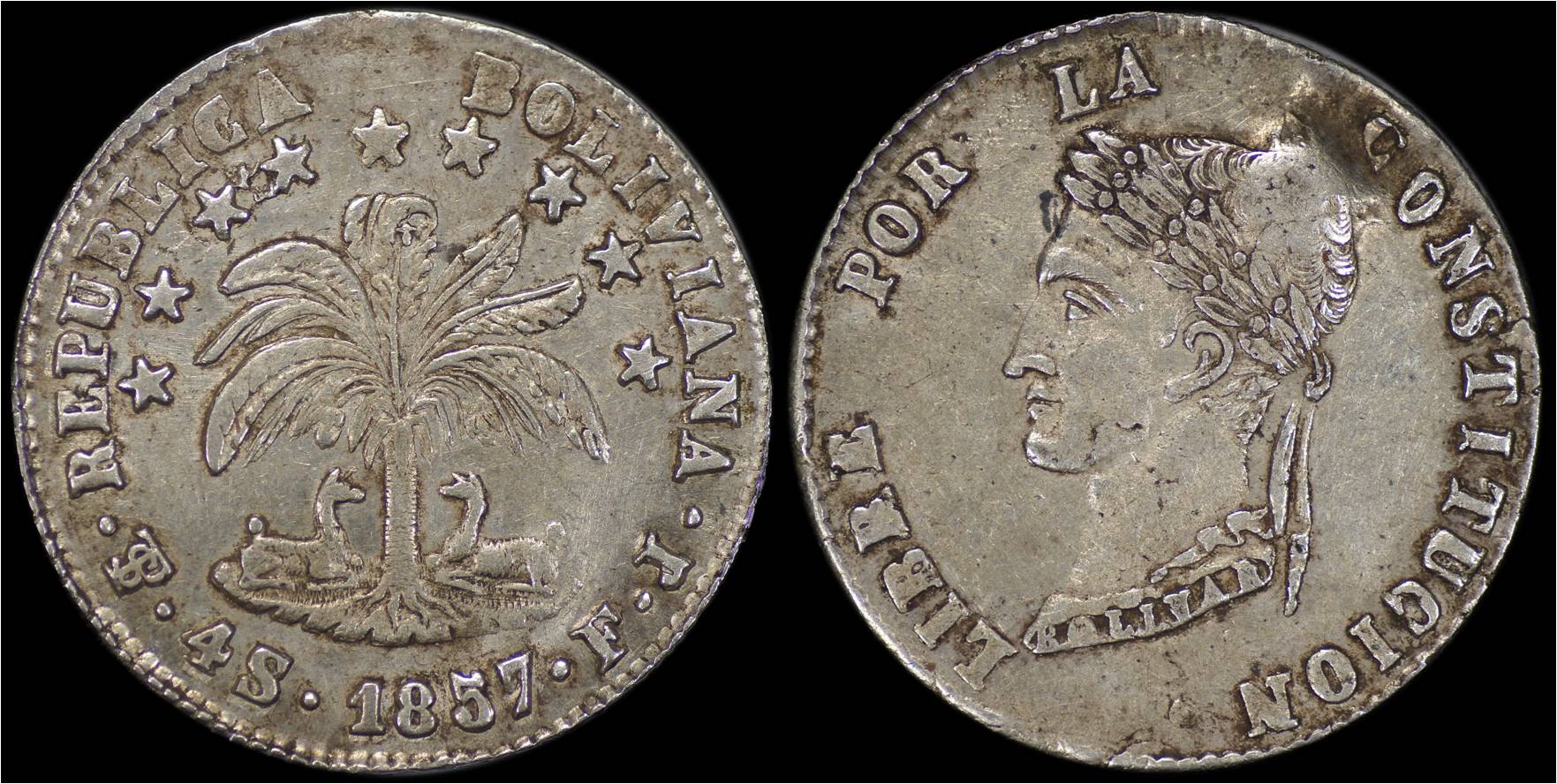 KM# 123.2 Bolivia 4 Soles 1857 PTS FJ (V in BOLIVIANA inverted A).jpg