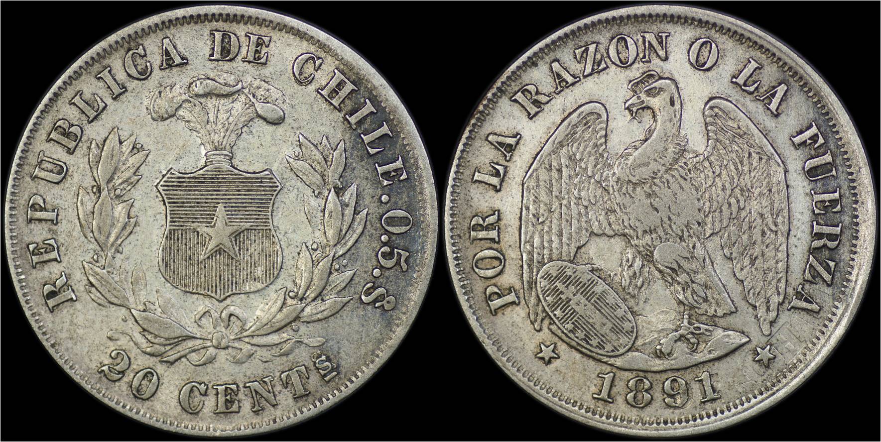 KM 138.4 Chile 1891 20 centavos die clash error.jpg