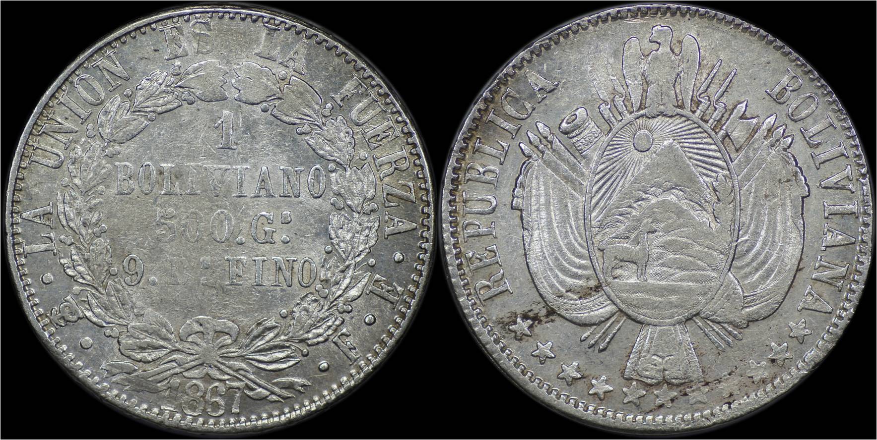 KM# 152.2 Bolivia 1867 FE 1 Boliviano.jpg