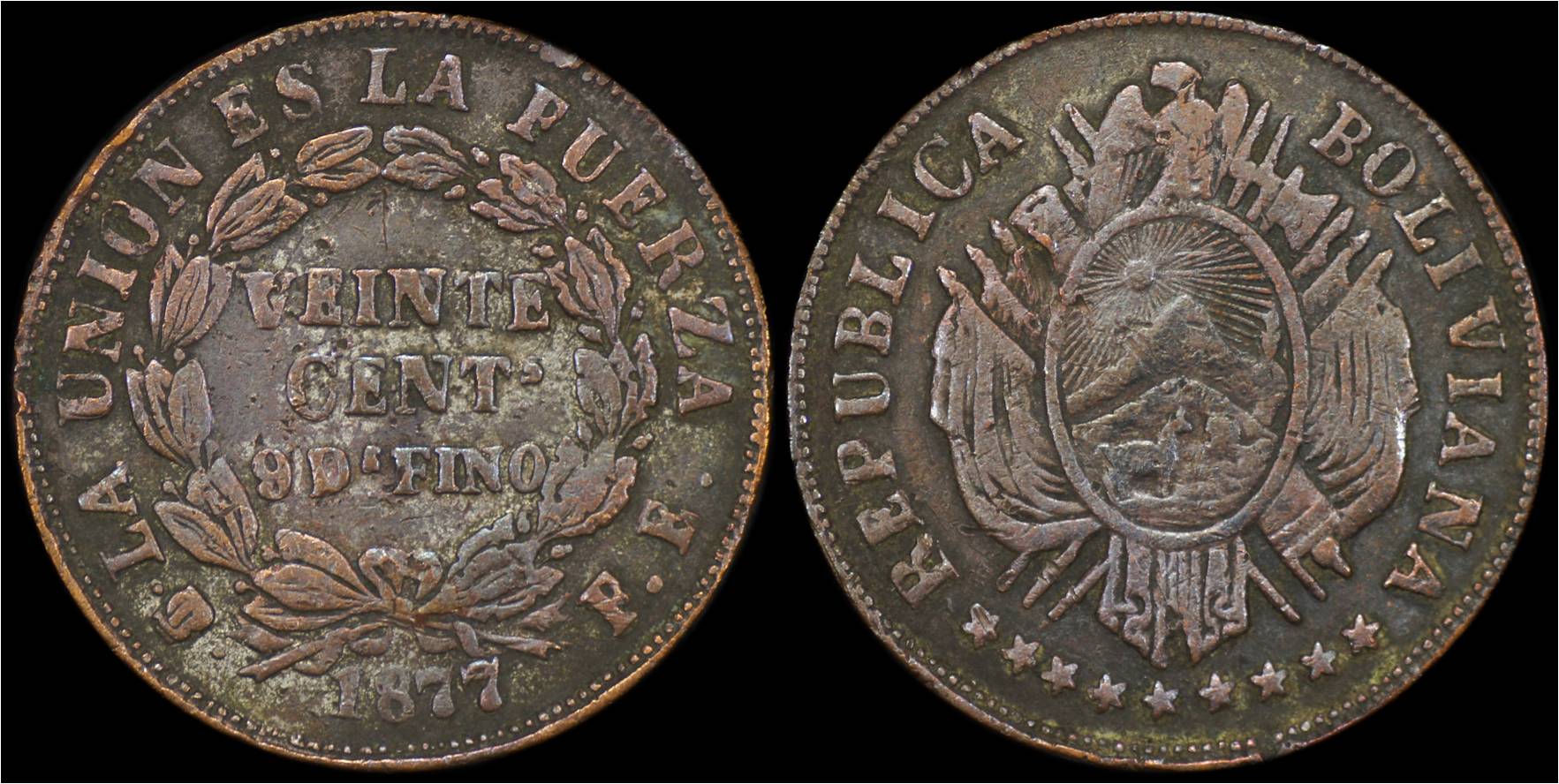 KM 159.1 Bolivia 1877 20 centavos struck on copper planchet.jpg