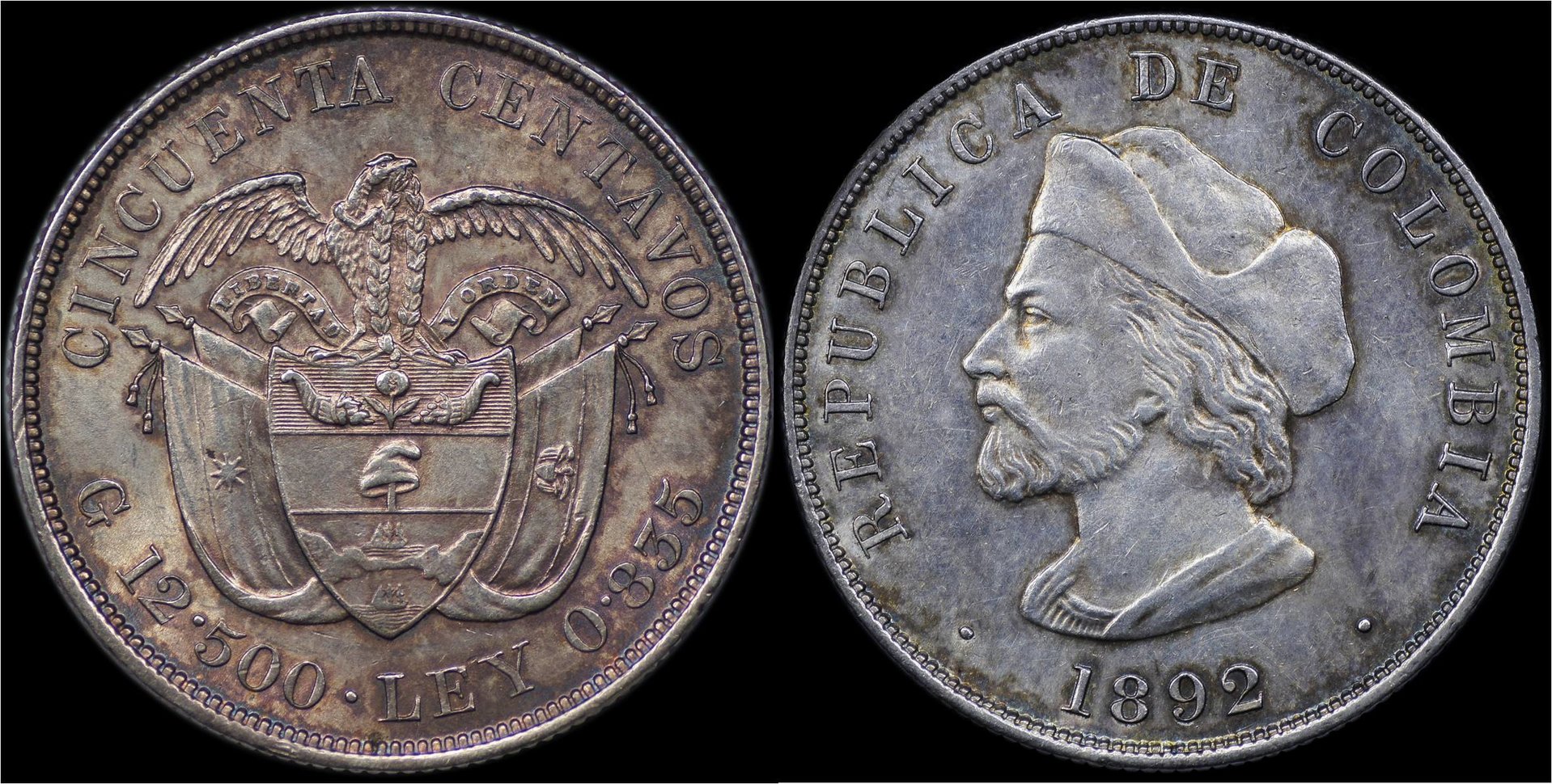 KM# 187.2  Colombia 50 Centavos 1892.jpg