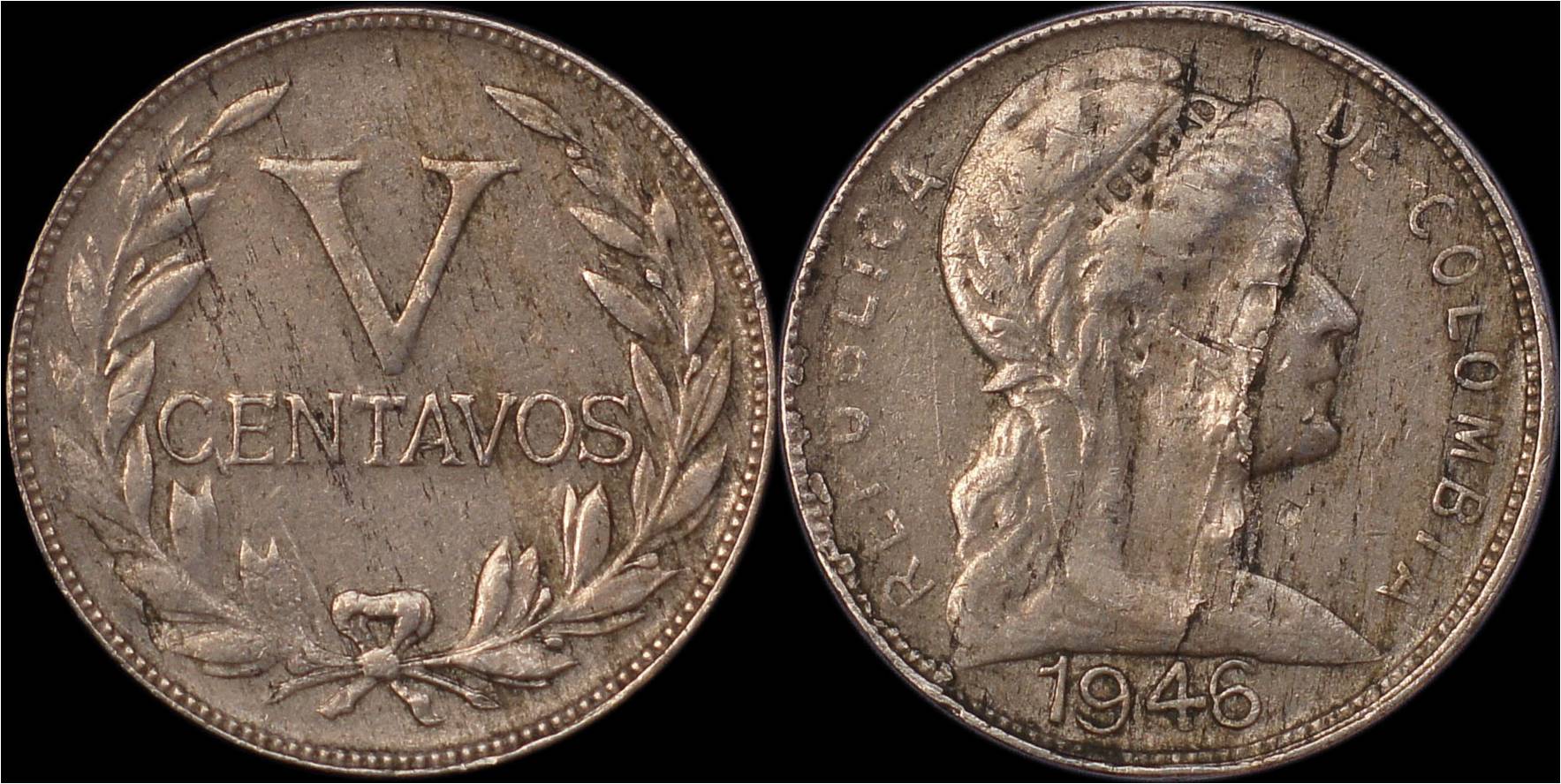 KM 199 1946 Colombia 5 centavos lamination.jpg