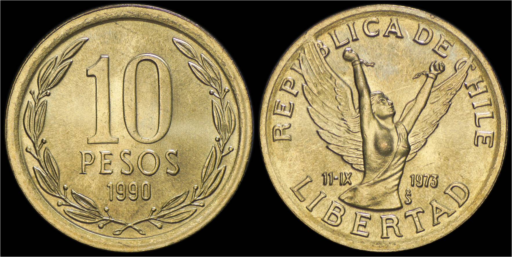 KM 218.3 Chile 10 Pesos  1990 (Liberty figure).jpg