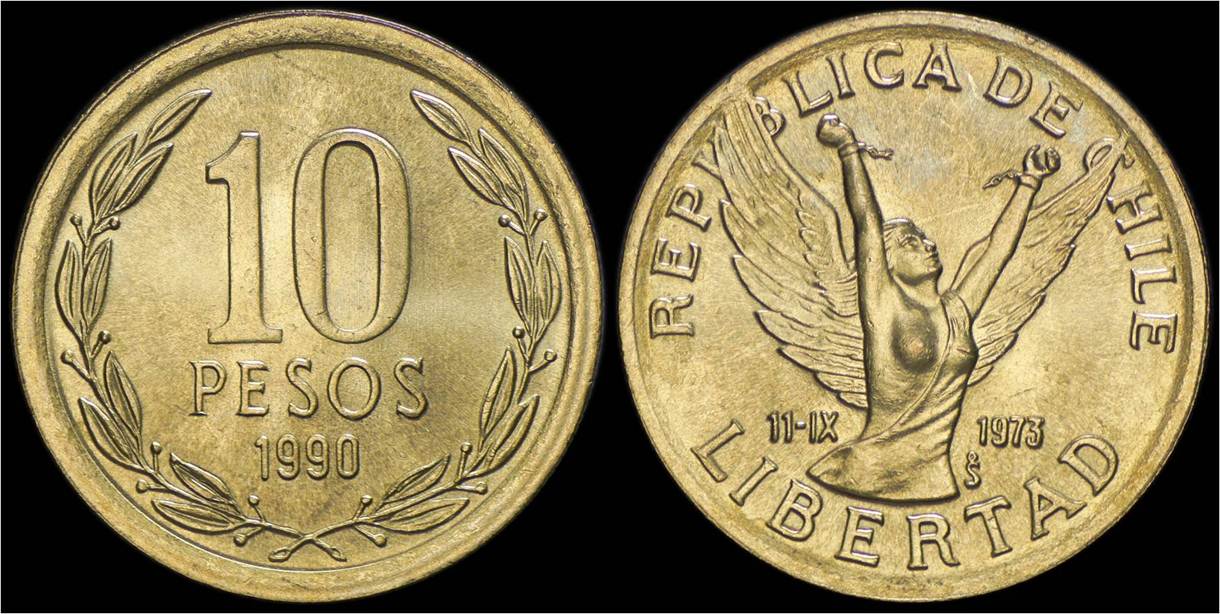 KM 218.3 Chile 10 Pesos 1990 (Liberty figure).jpg