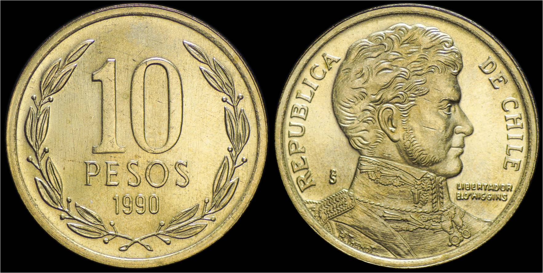 KM 228.1 Chile 10 Pesos 1990 (Bernardo O\'Higgins) with obv Lathe lines.jpg