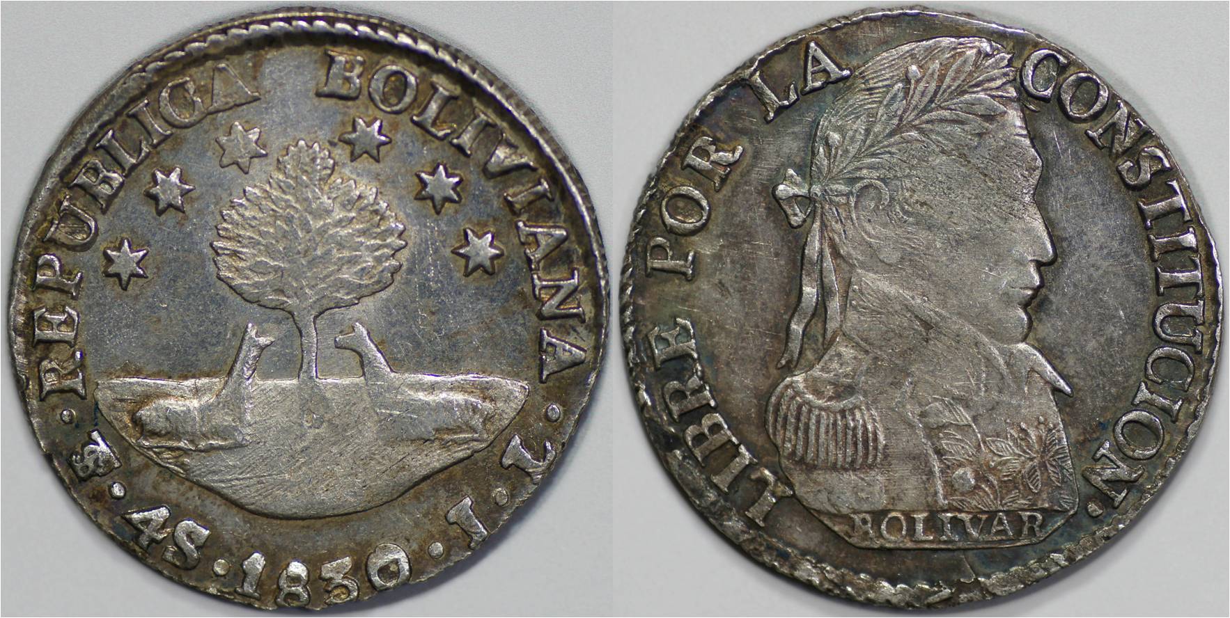 KM 96a.1 Bolivia 1830 PTS JL 4 Soles.jpg
