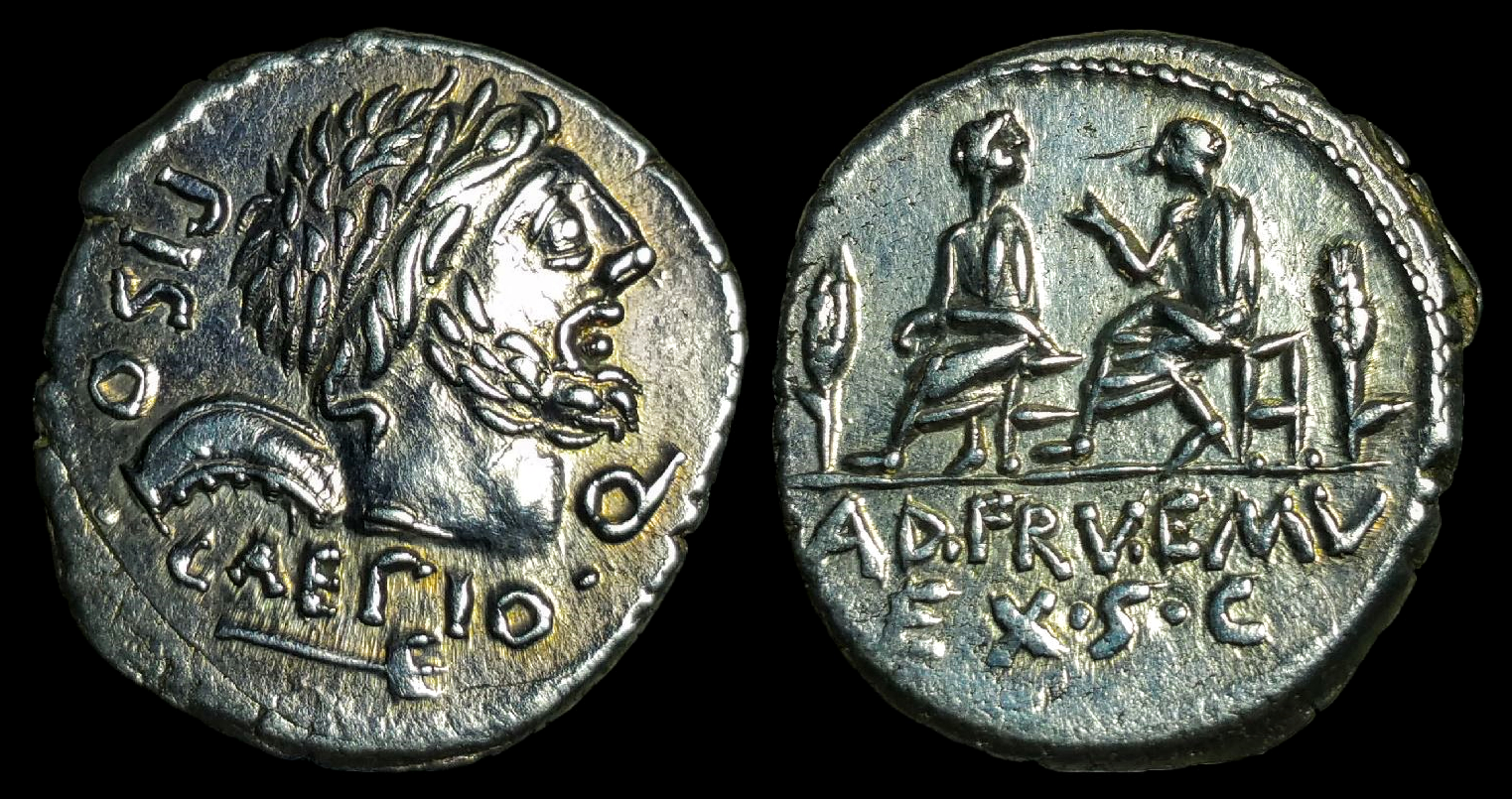 L Calpurnius Piso Caesoninus and Q Servilius Caepio Denarius.png