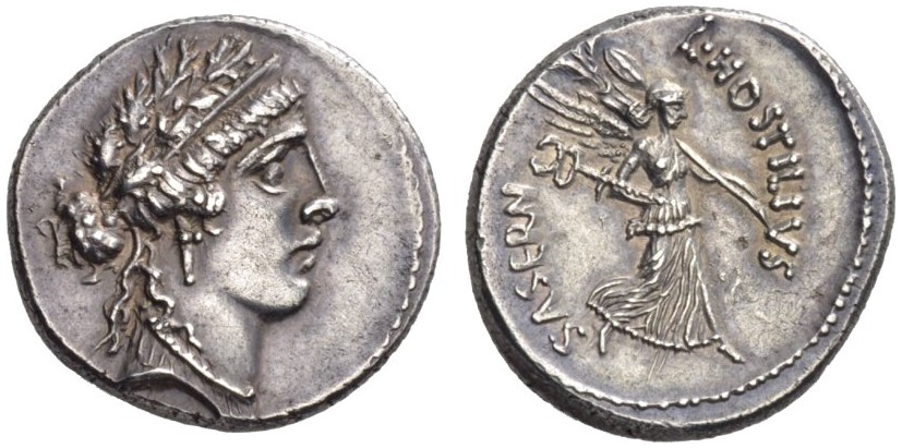 L Hostilius Saserna Denarius 448-1b NAC 5-2014.jpg