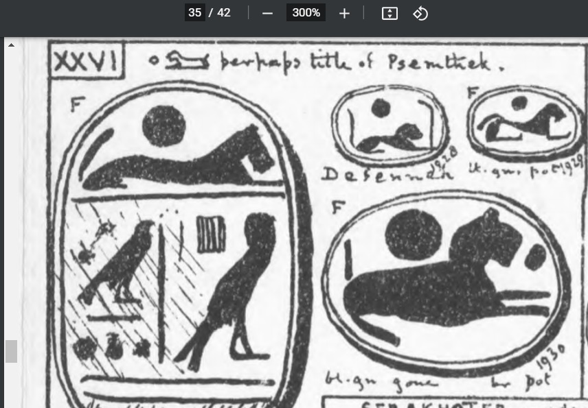 Lion & sun disk scarab from Flinders Petrie, Historical Scarabs (1889) p. 35.jpg