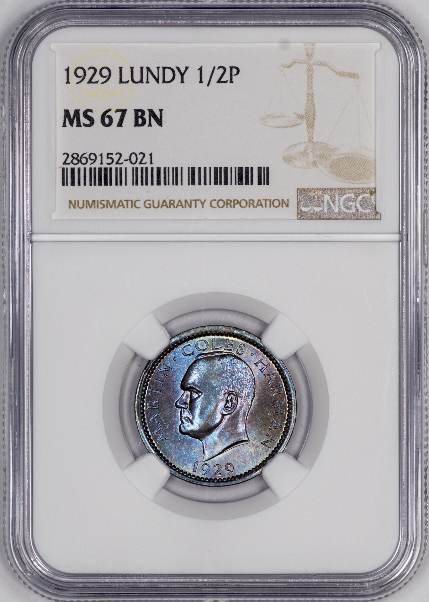 Lundy - 1929 Half Puffin NGC MS67BN Slab - Obverse.jpg