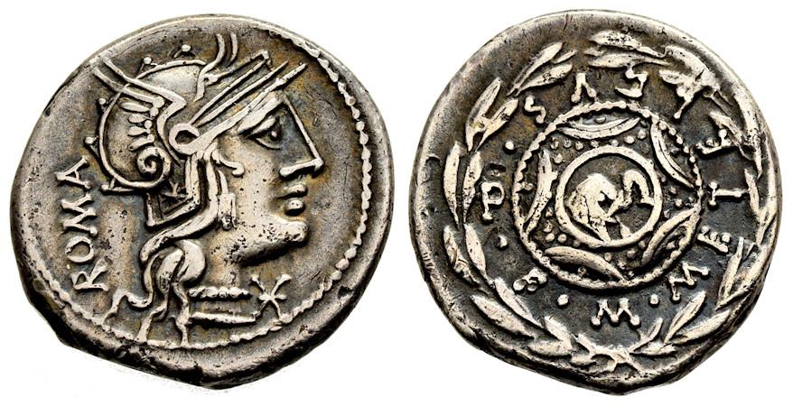 M Caecilius Metullus Crawford 263 (Roma- Macedonian shield with elephant at center).jpg