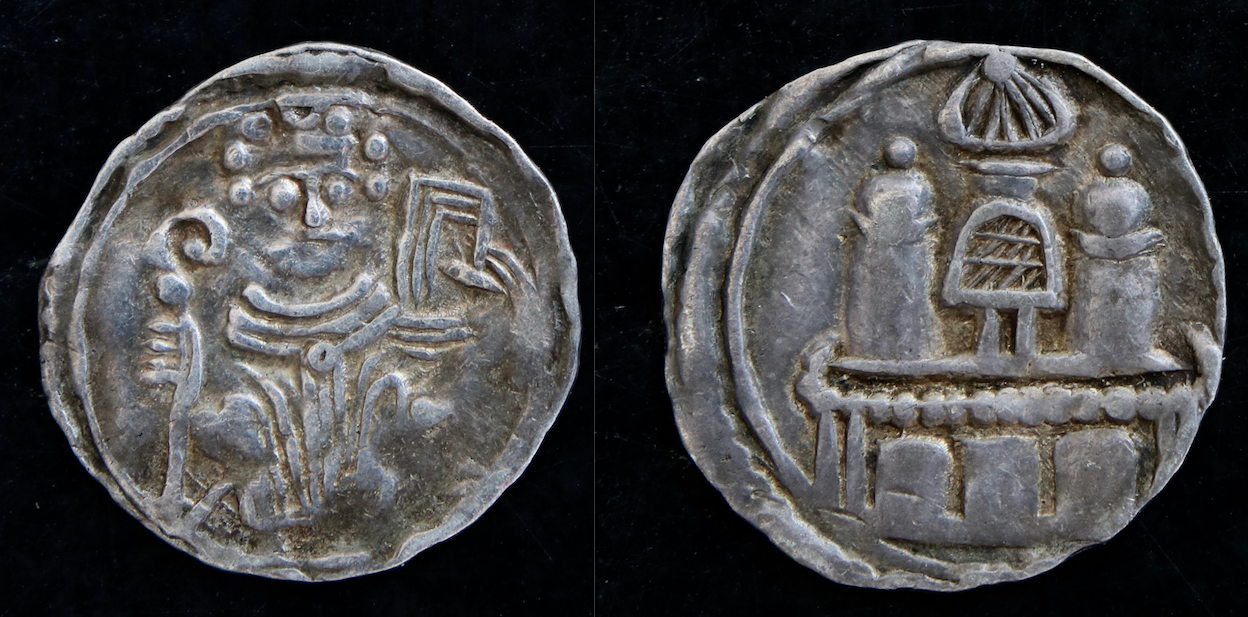 MA – Köln, Rainald von Dassel, Bischof und Gebäude mit Sarkophagen, Obol.png
